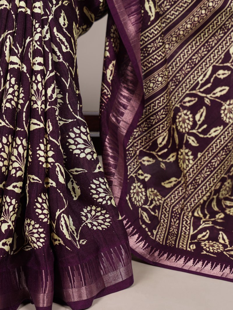 Ynf7214 Slub Silk Floral Printed With Zari Border Saree